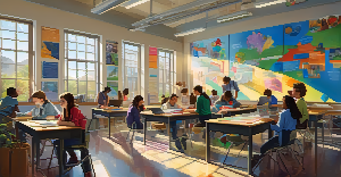 A lively classroom scene where students are actively collaborating on projects, surrounded by educational posters and natural light.