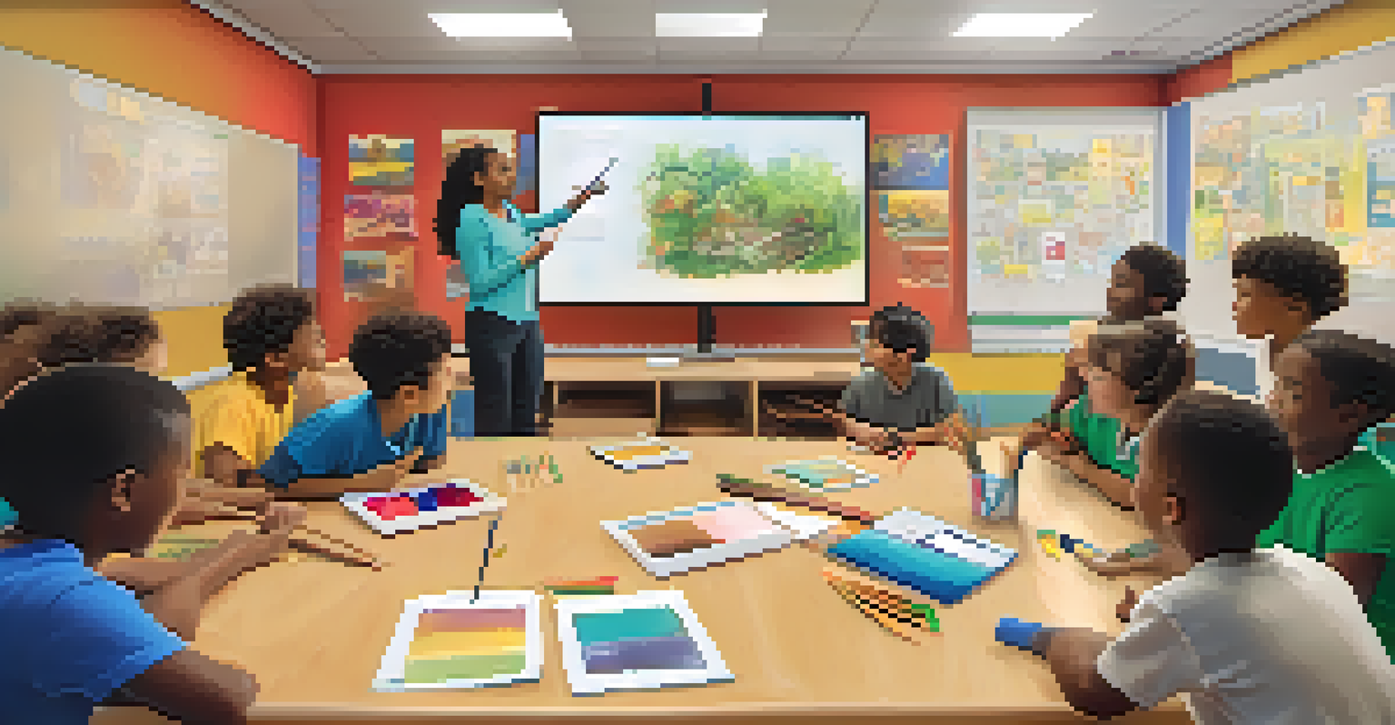 A teacher and young children collaborating on a digital storytelling project, gathered around a large screen with art supplies and technology tools in the classroom.