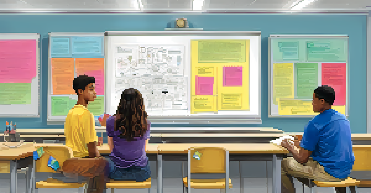 Two students in a classroom discussing a topic, with expressions of curiosity, surrounded by a whiteboard filled with diagrams and notes.