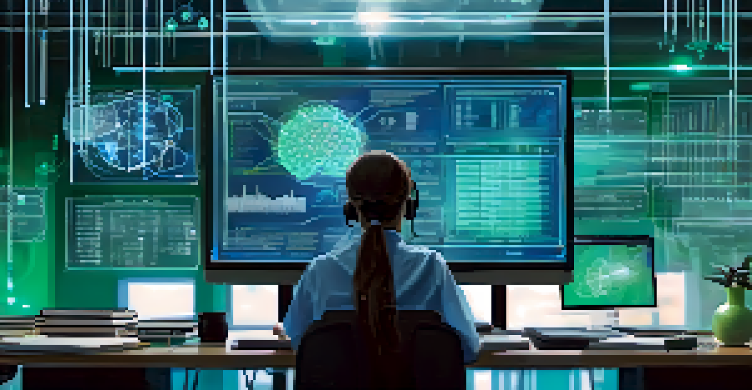 A student at a desk using a futuristic digital interface with graphs and data analytics in a tech-savvy atmosphere.
