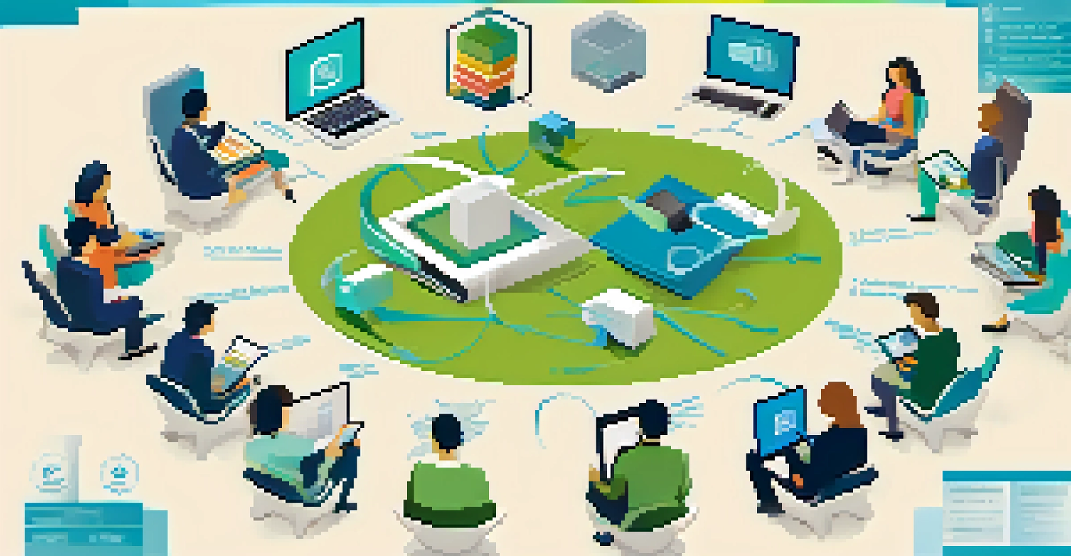 An infographic depicting blended learning with icons for online and in-person education, featuring students and technology elements.