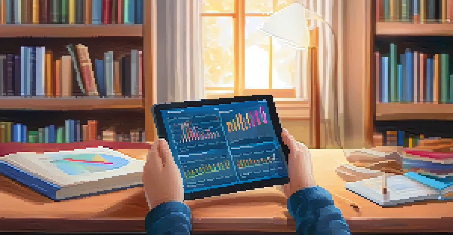 A close-up of a student's hands holding a tablet with graphs and statistics in a cozy study space.
