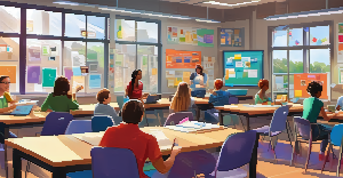 A classroom filled with teachers actively participating in gamified training, with digital devices and colorful decorations.