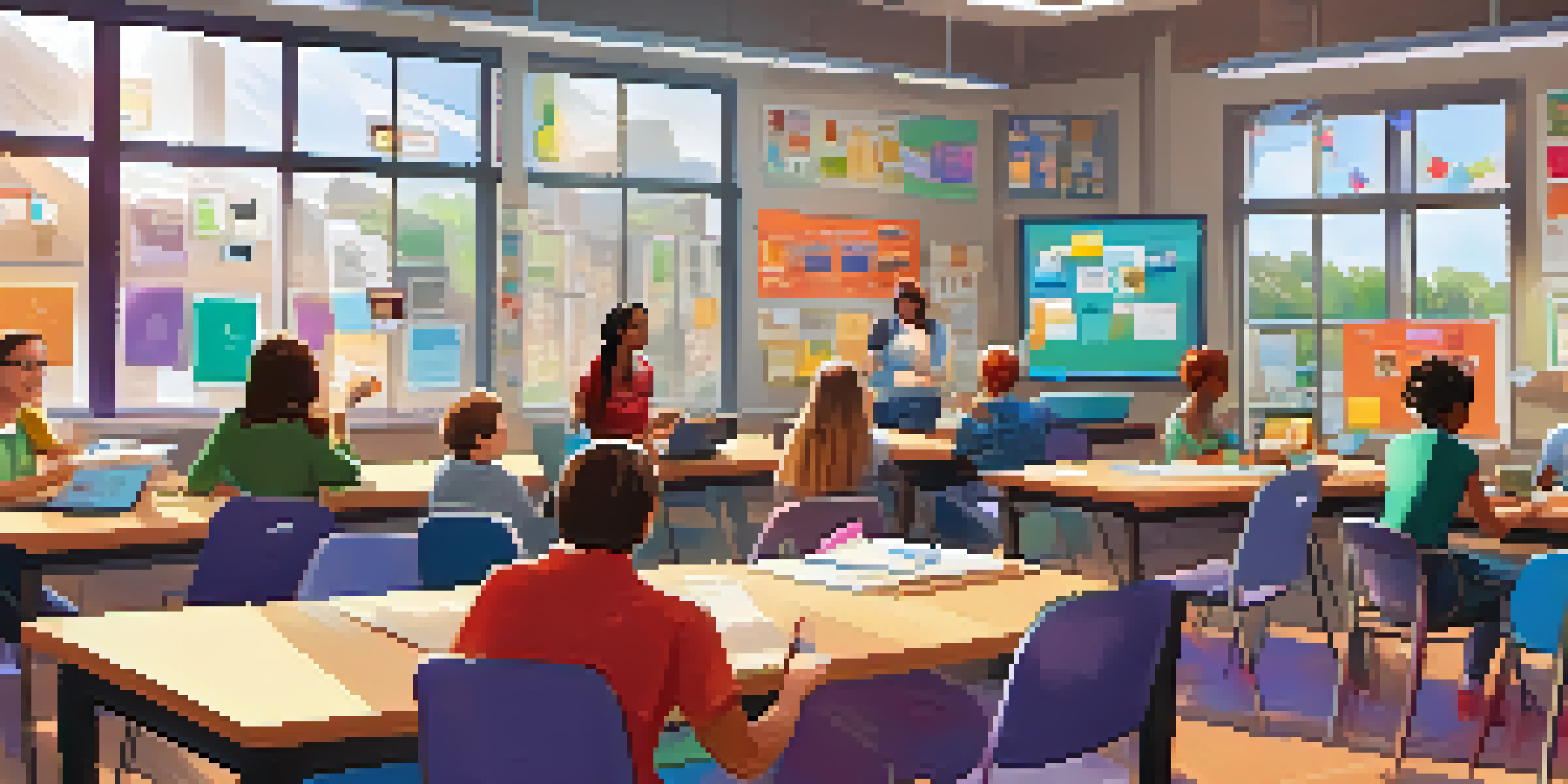 A classroom filled with teachers actively participating in gamified training, with digital devices and colorful decorations.