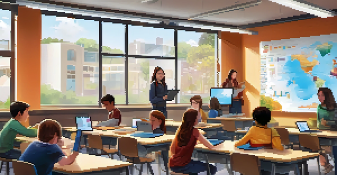 A vibrant classroom full of students actively engaged in various digital learning activities, including a presentation and group collaboration.