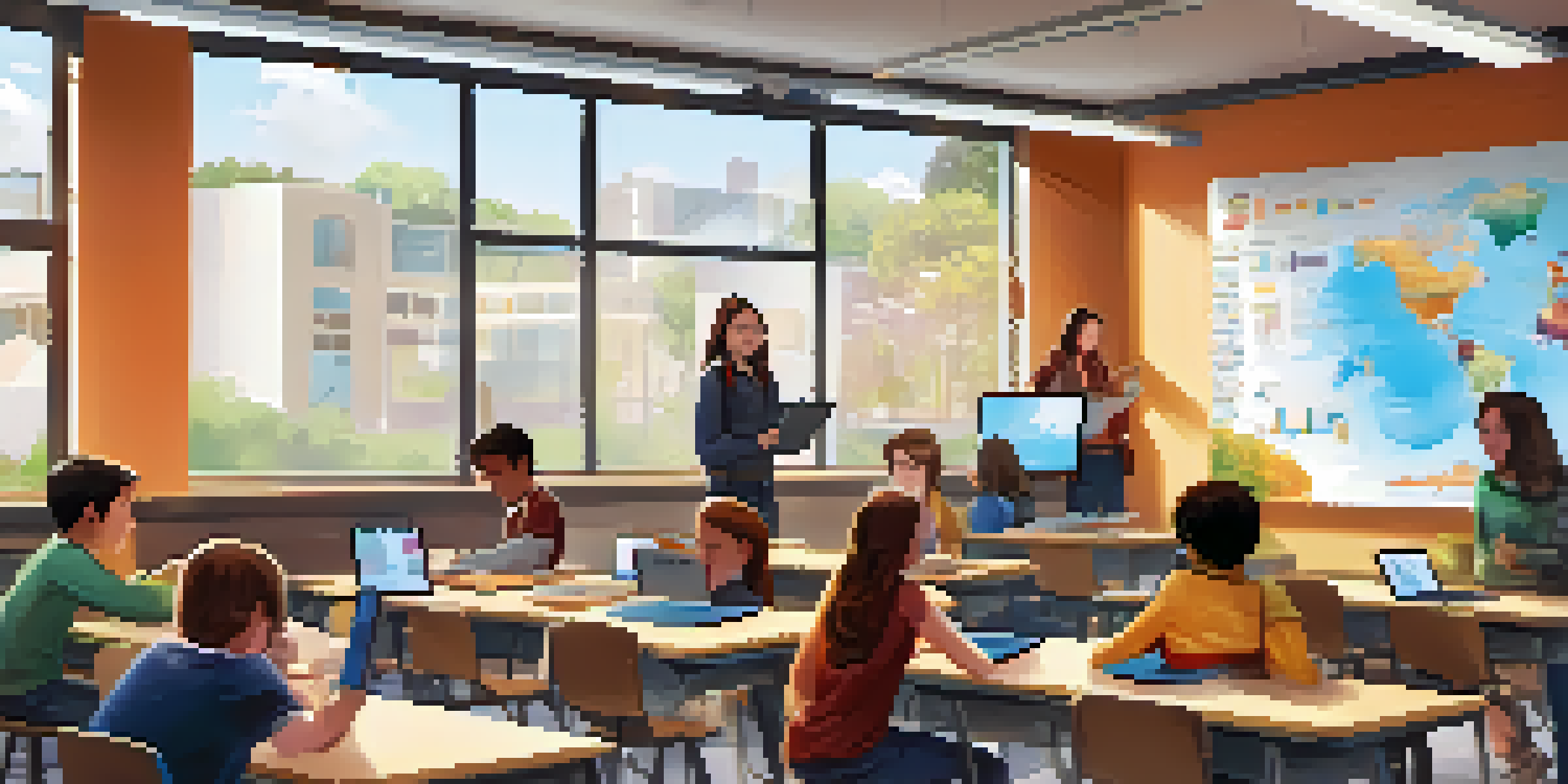 A vibrant classroom full of students actively engaged in various digital learning activities, including a presentation and group collaboration.