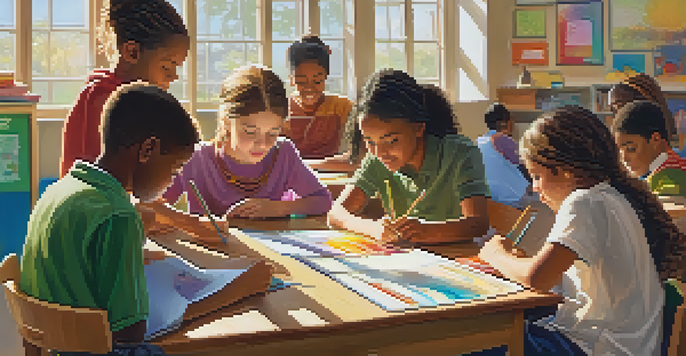 A diverse group of students in a bright classroom working together on a project with a teacher guiding them.