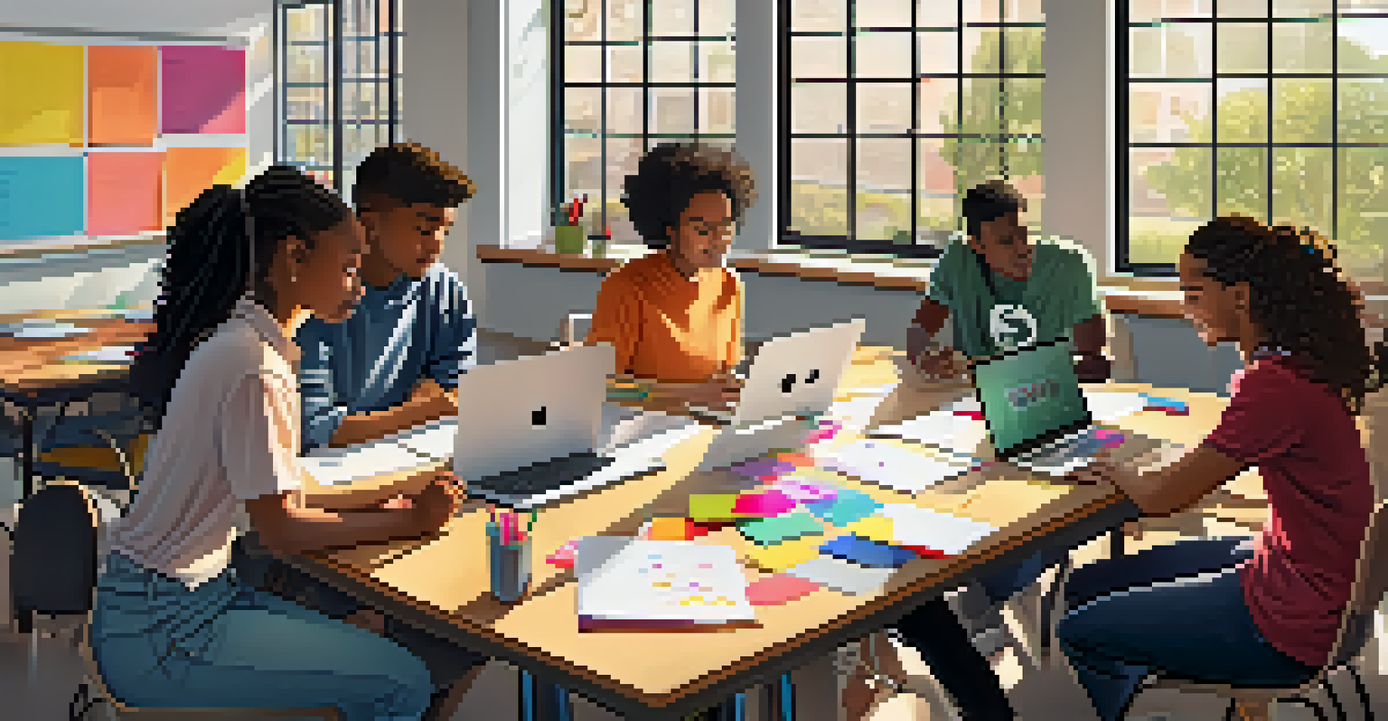 A diverse group of students engaged in teamwork around a table in a well-lit classroom.