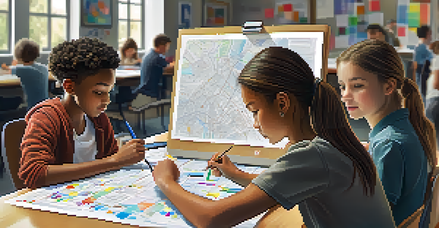 Two students collaborating on a project, sharing ideas and working together at a table filled with learning materials.