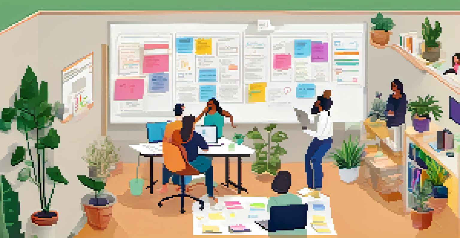 An overhead view of a digital brainstorming session on a virtual whiteboard with colorful sticky notes and a laptop showing team members on a video call.