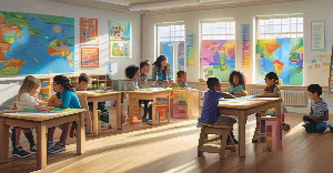 A bright and inviting classroom where diverse children are collaboratively learning and building with blocks.
