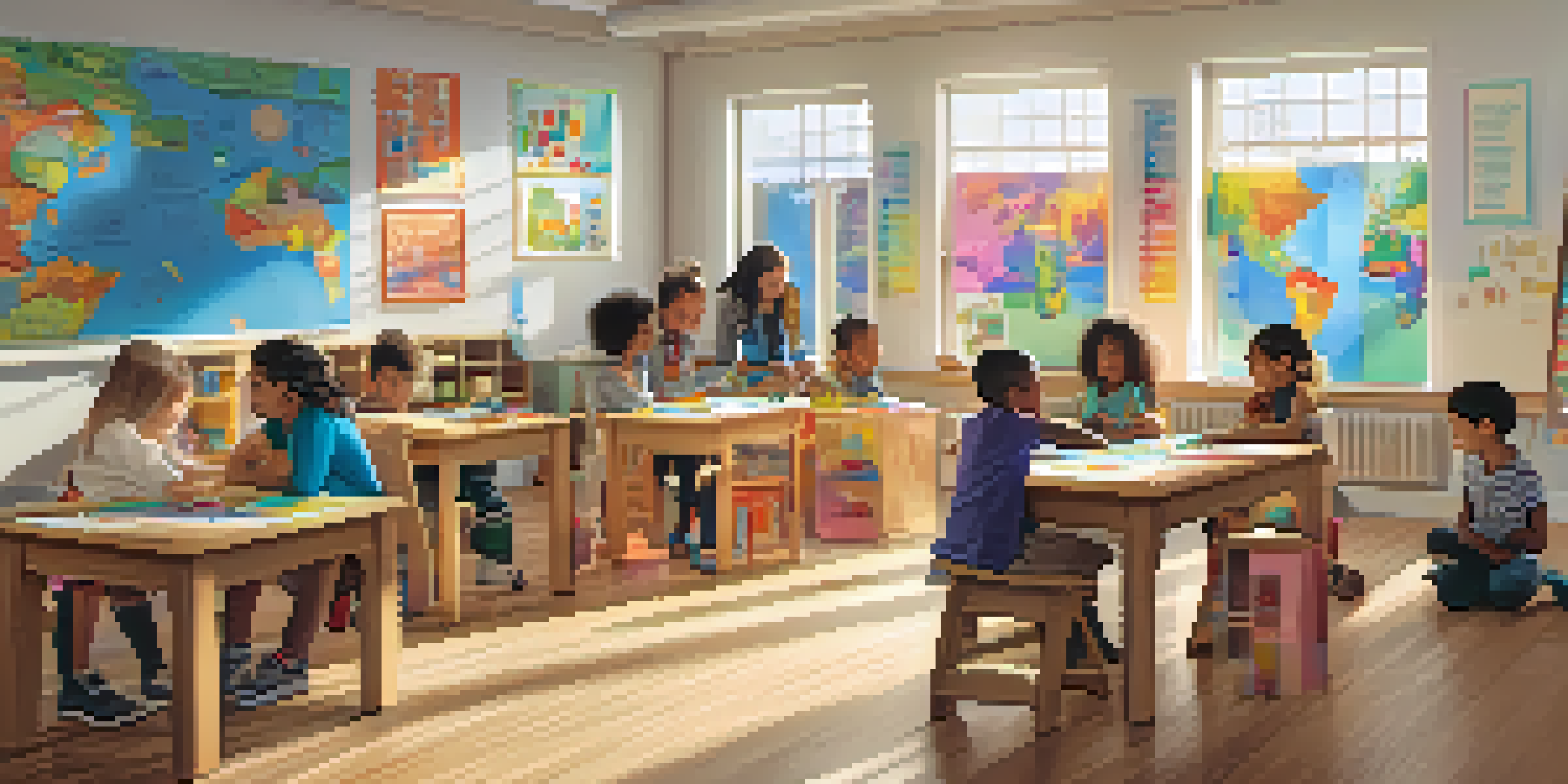 A bright and inviting classroom where diverse children are collaboratively learning and building with blocks.
