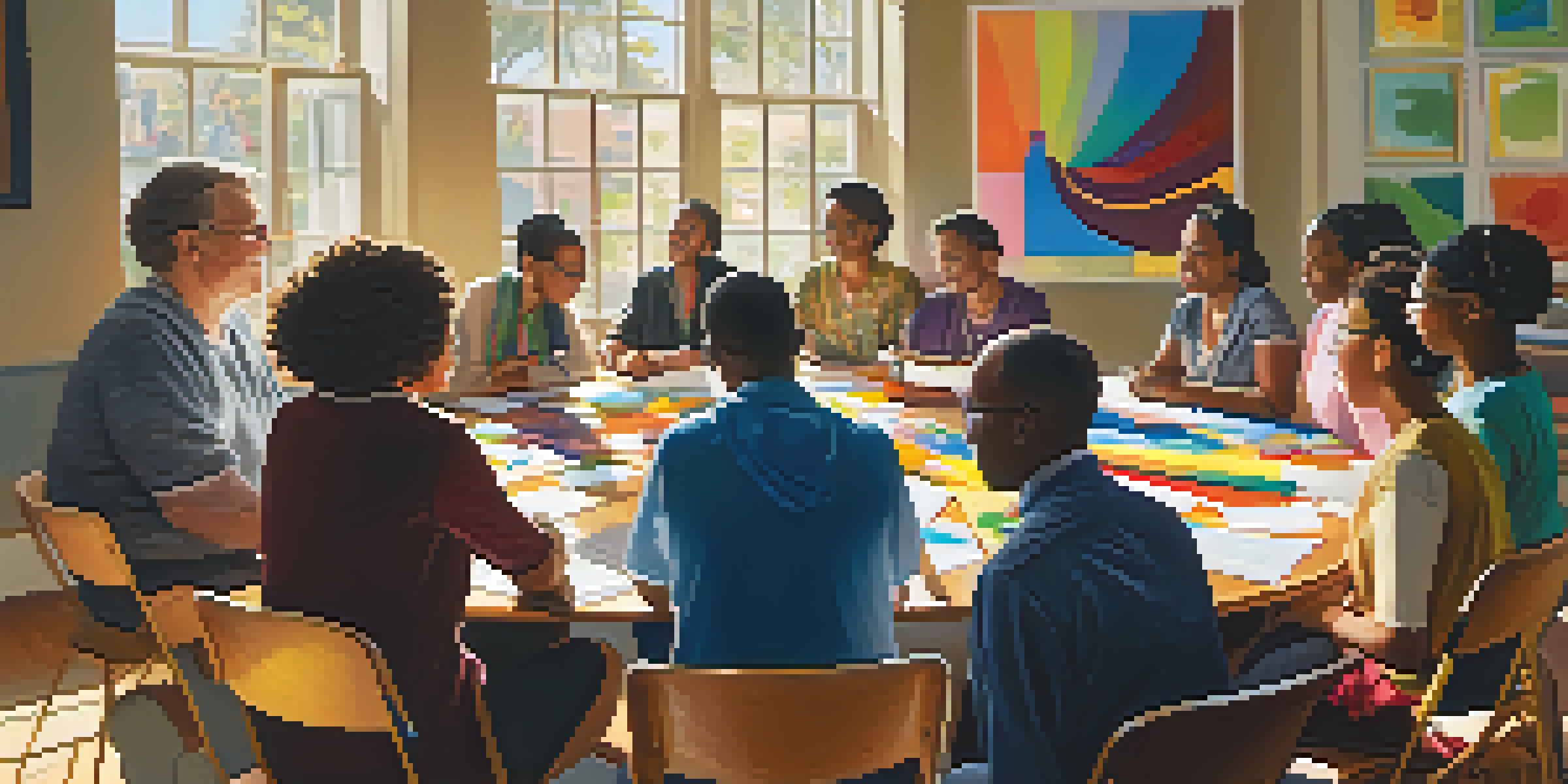 A group of diverse teachers discussing around a table filled with educational materials, illuminated by sunlight.