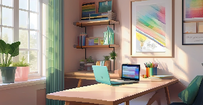 A comfortable home study area with a desk, laptop, and plants, illuminated by natural light.