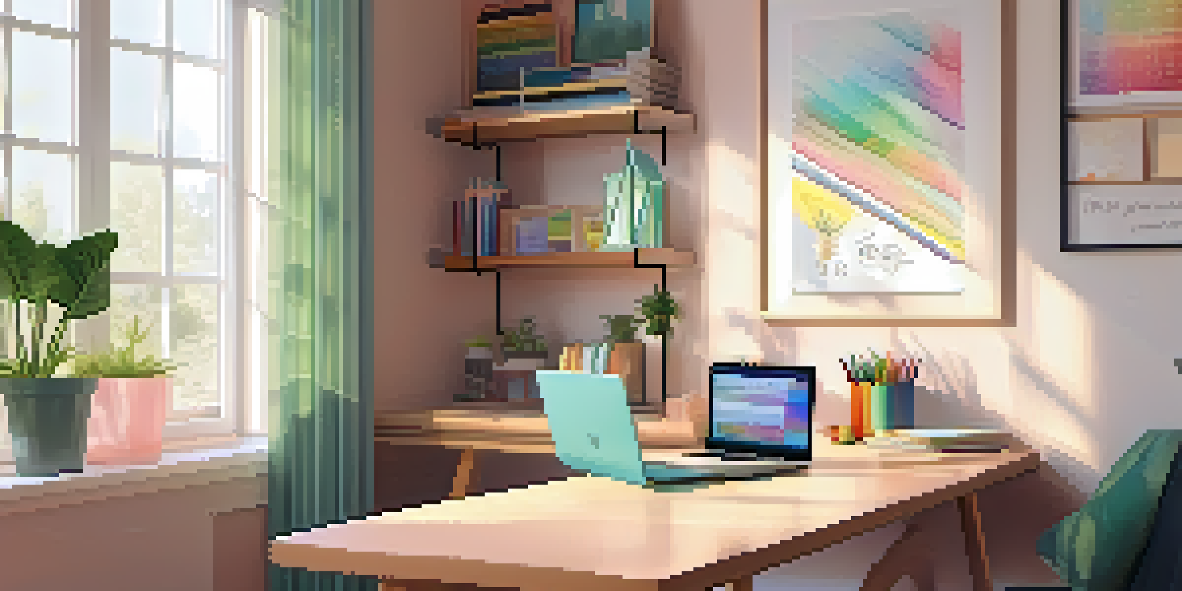 A comfortable home study area with a desk, laptop, and plants, illuminated by natural light.