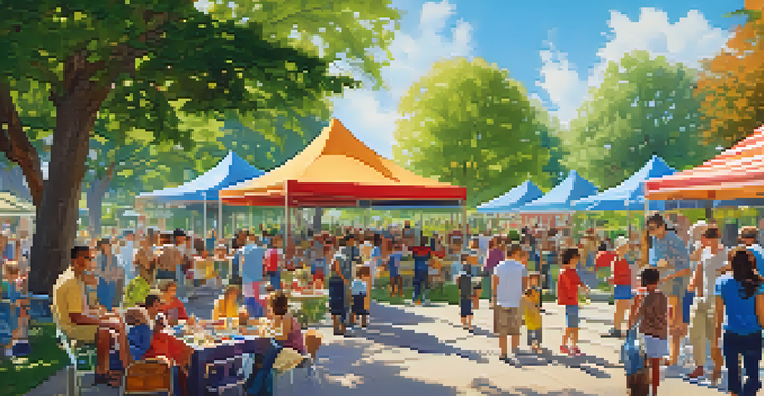 A lively community event in a park where families are participating in art, storytelling, and gardening activities, surrounded by colorful decorations and trees under a clear sky.