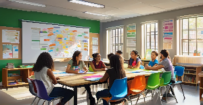 A vibrant classroom filled with students collaborating, discussing ideas, and surrounded by educational resources, promoting a growth mindset.