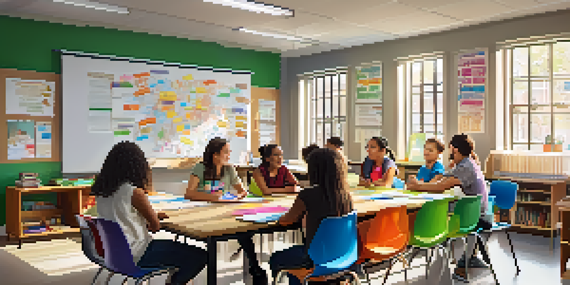 A vibrant classroom filled with students collaborating, discussing ideas, and surrounded by educational resources, promoting a growth mindset.