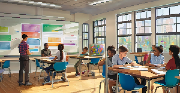 A lively classroom with students learning in groups, using laptops and engaging with a teacher at the front, surrounded by educational materials and bright natural light.