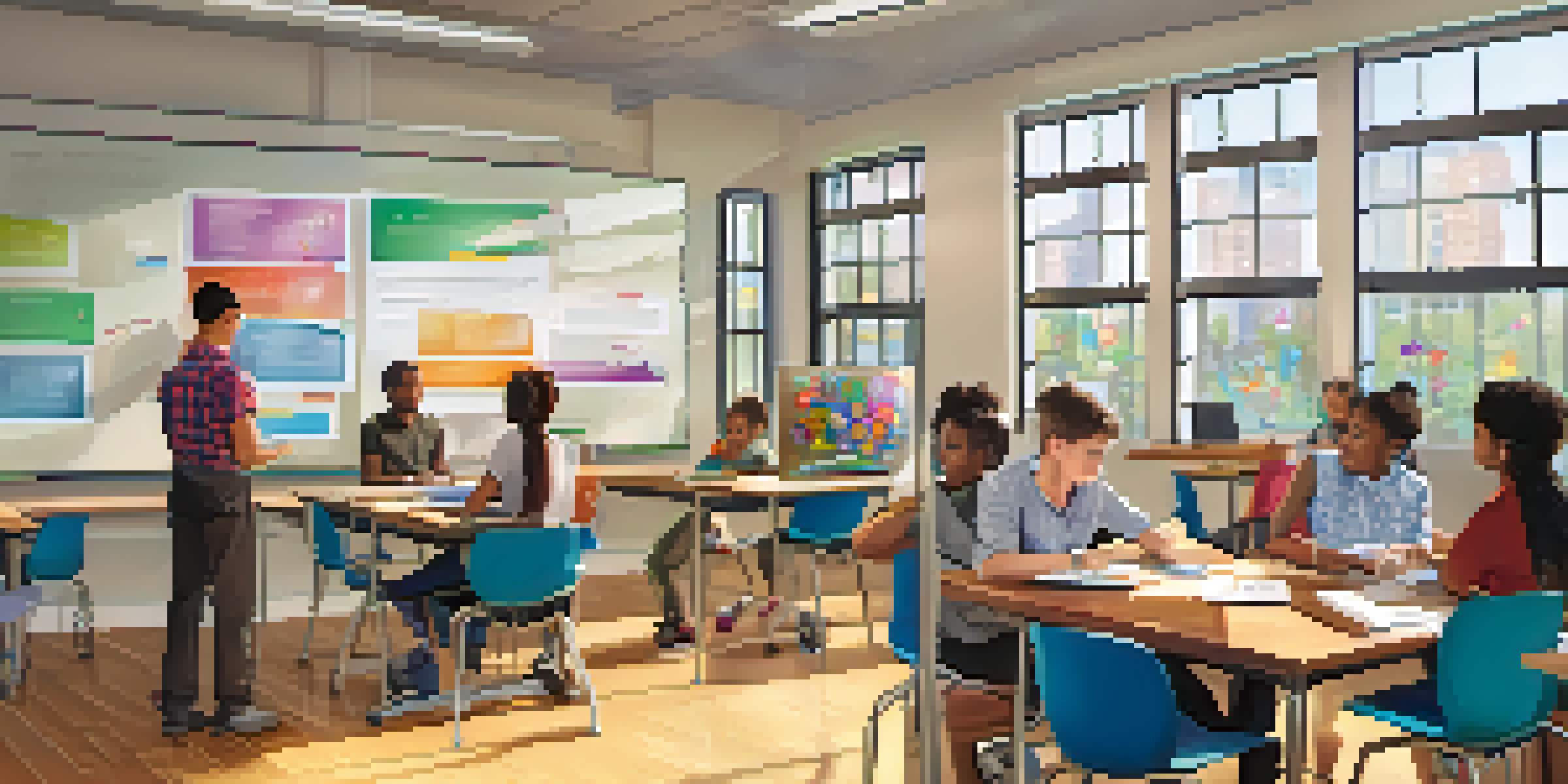 A lively classroom with students learning in groups, using laptops and engaging with a teacher at the front, surrounded by educational materials and bright natural light.