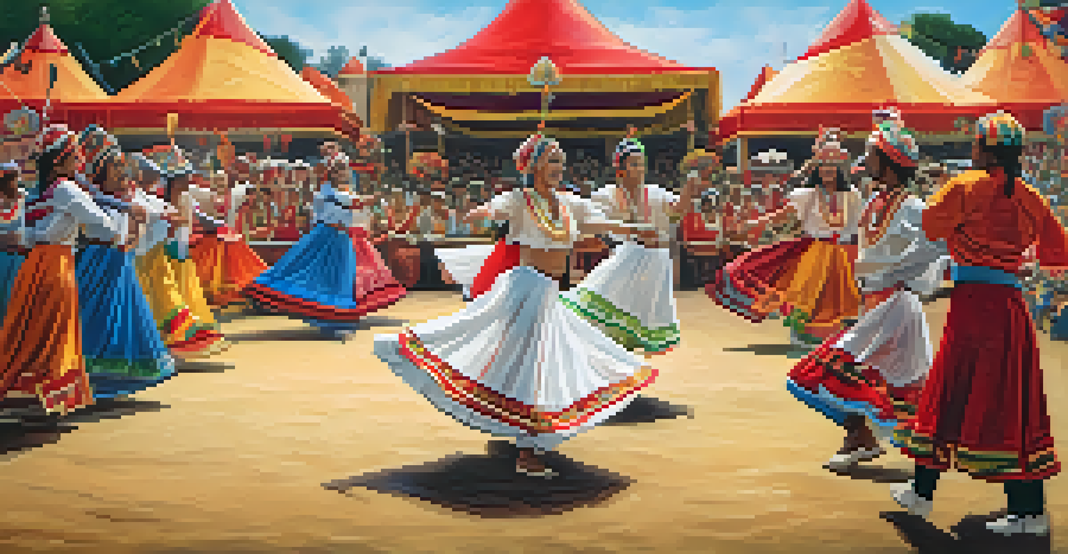 A vibrant festival scene with dancers in traditional costumes performing to live music, surrounded by colorful decorations and a joyful audience.