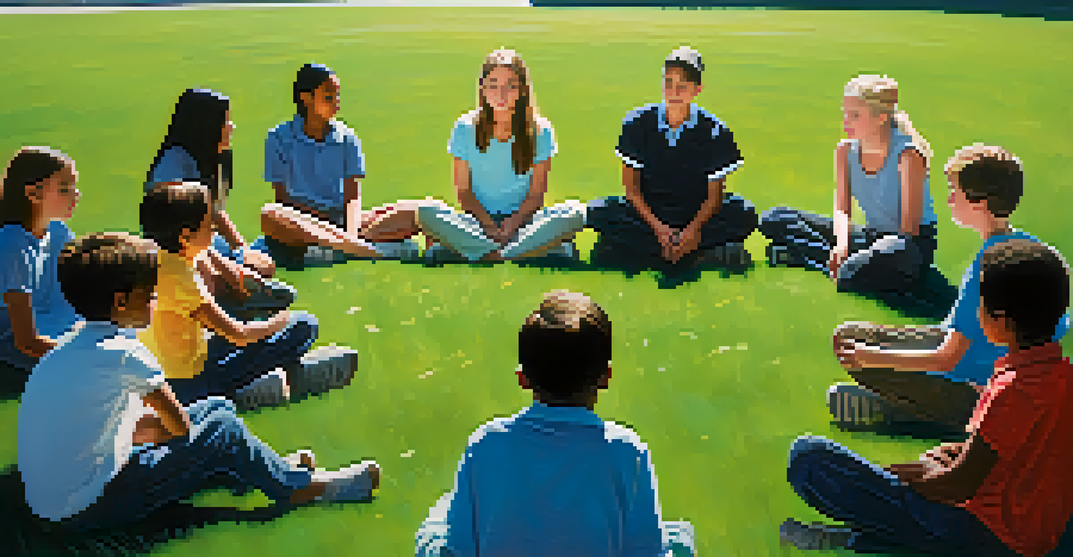 Students sitting in a circle on a grassy field, engaging in a sharing circle with a teacher facilitating the discussion.