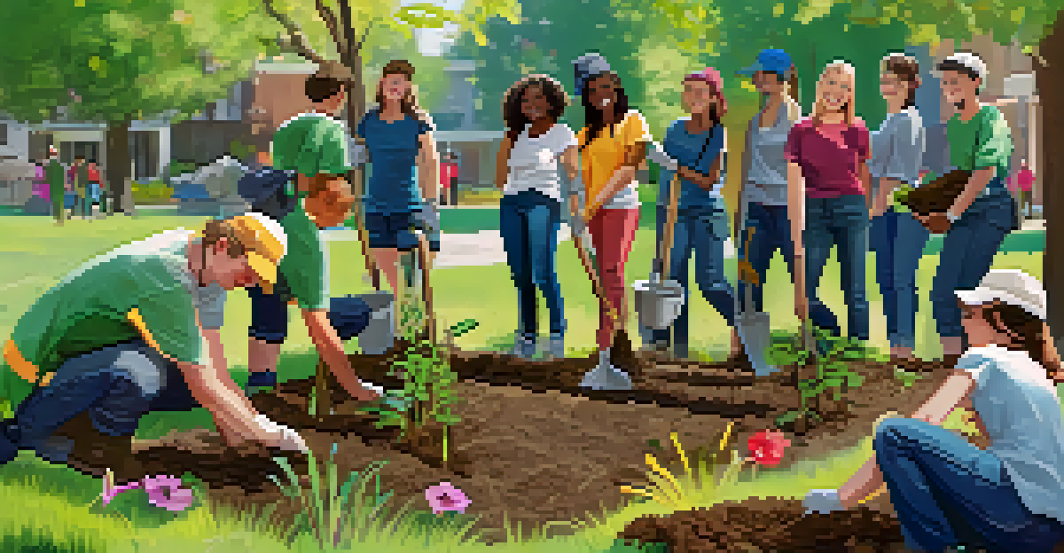 Students planting trees outdoors with volunteers, smiling and working together in a sunny environment.