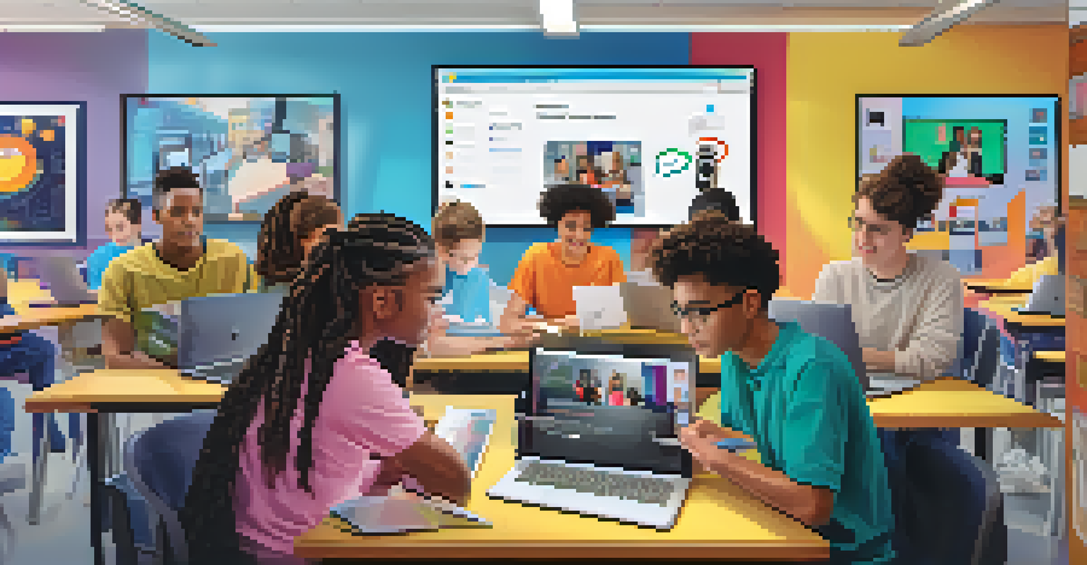 A detailed view of students collaborating using technology, with laptops and tablets in a bright modern classroom, focused on a video call.