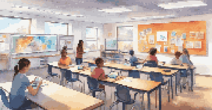 A vibrant classroom where students are using technology tools such as tablets and VR headsets, collaborating in groups.