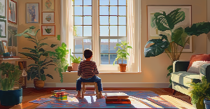 A young child sitting on a rug in a cozy living room, drawing with crayons, surrounded by family photos and plants, illuminated by warm sunlight.