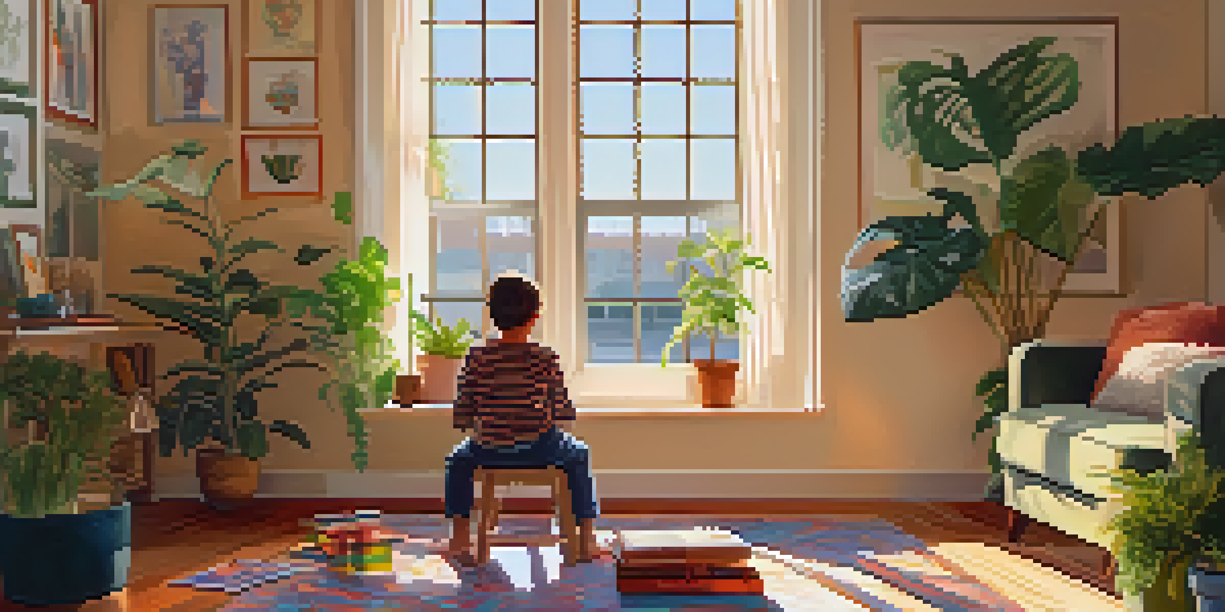 A young child sitting on a rug in a cozy living room, drawing with crayons, surrounded by family photos and plants, illuminated by warm sunlight.