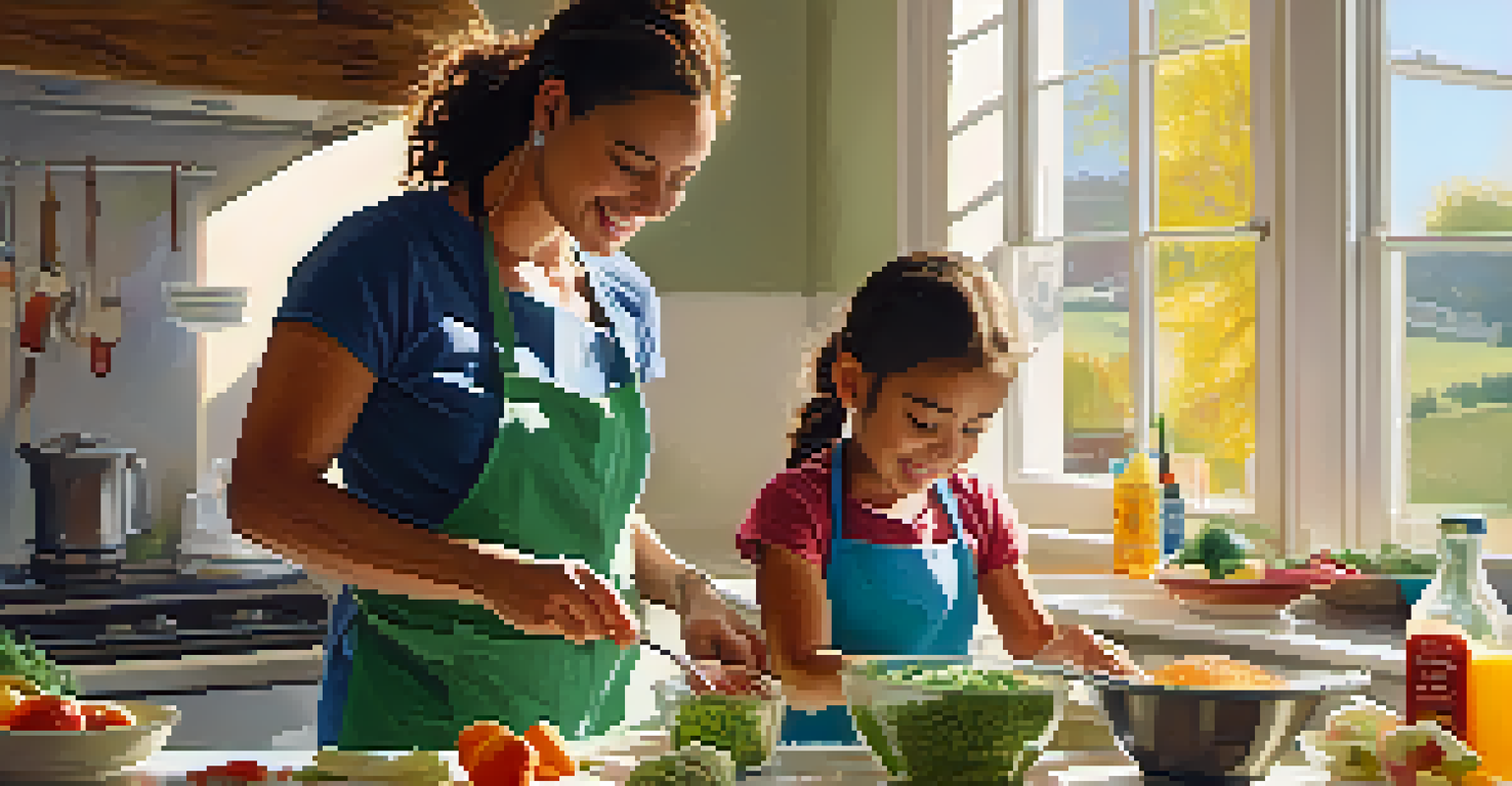 A parent and child cooking together in a bright kitchen, with colorful ingredients on the counter.