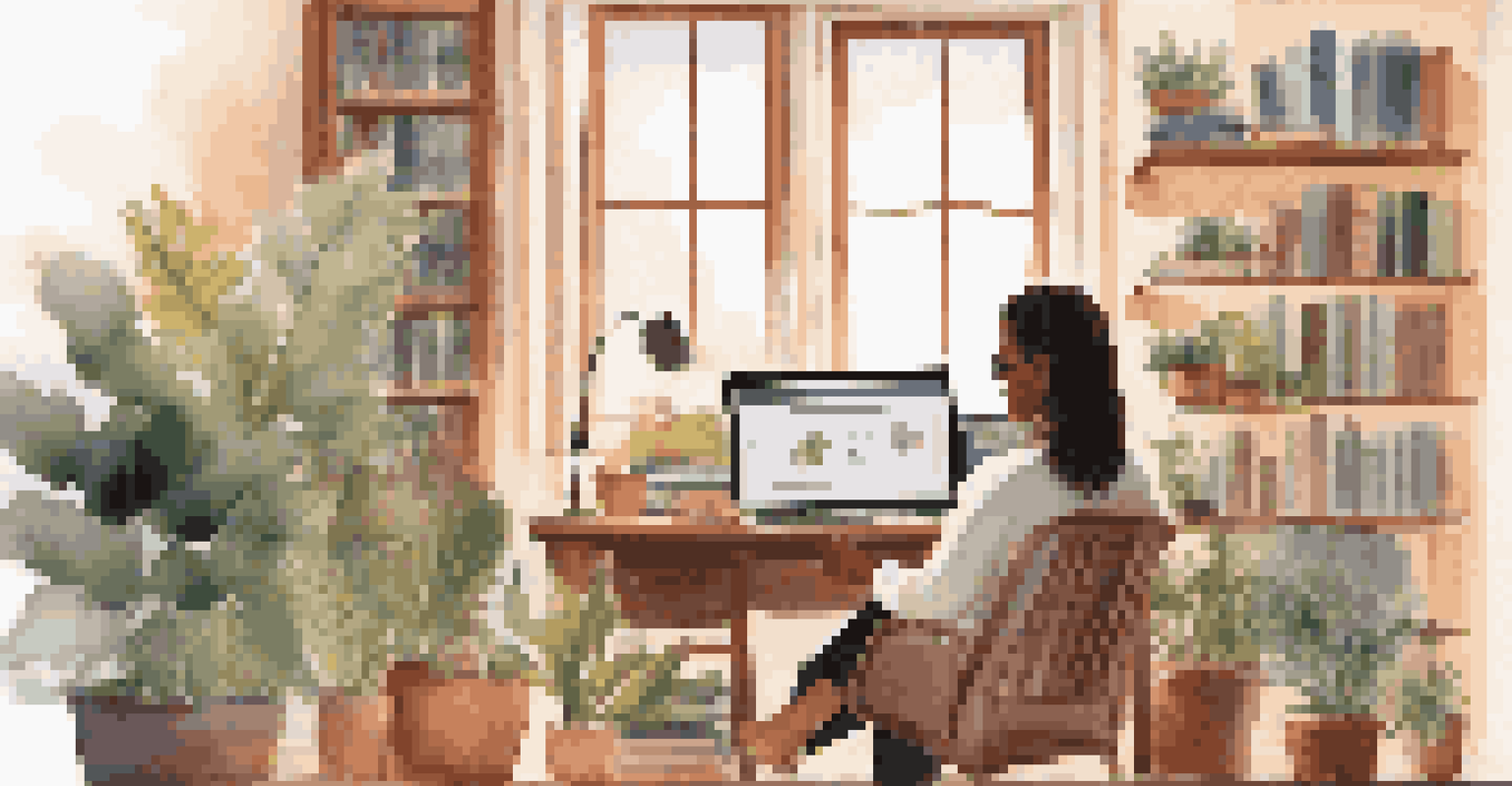 An educator conducting a virtual training session in a cozy home office, with engaged participants visible on a screen.