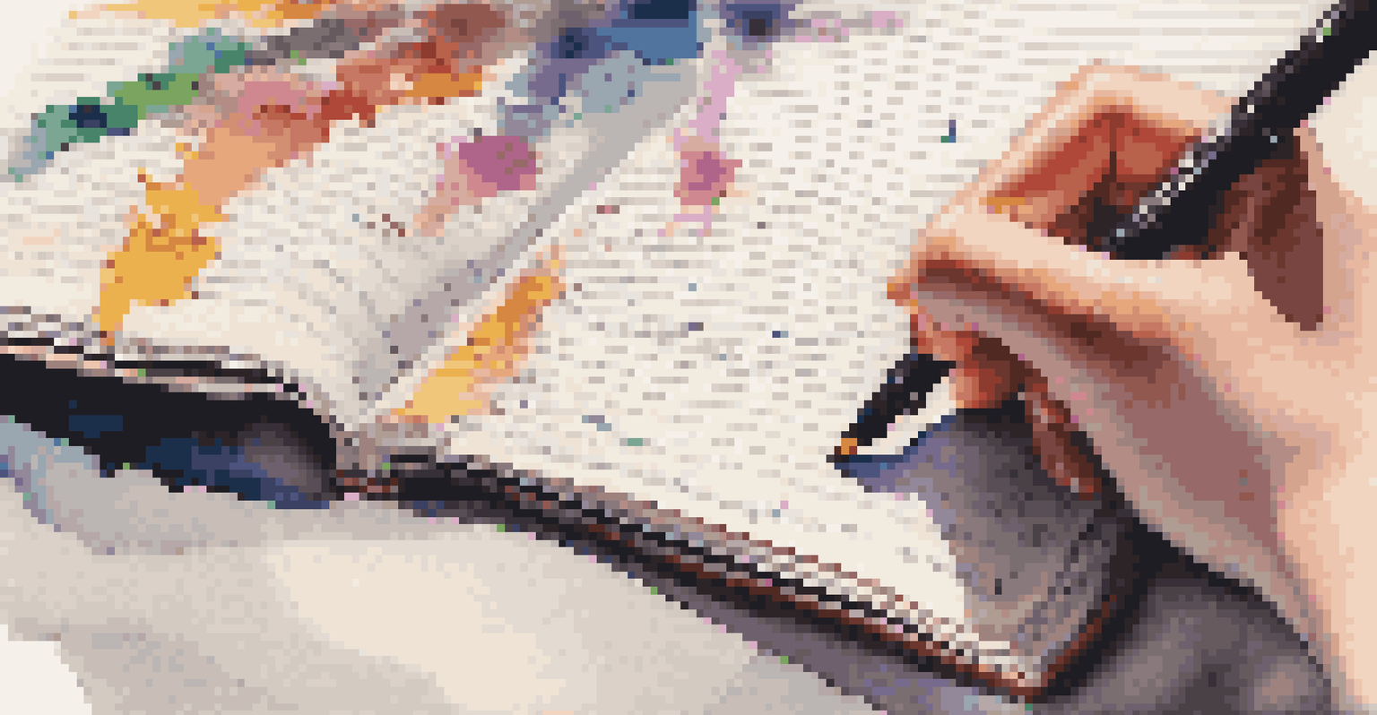 A close-up of a student's hands writing in a reflective journal, surrounded by colorful pens.