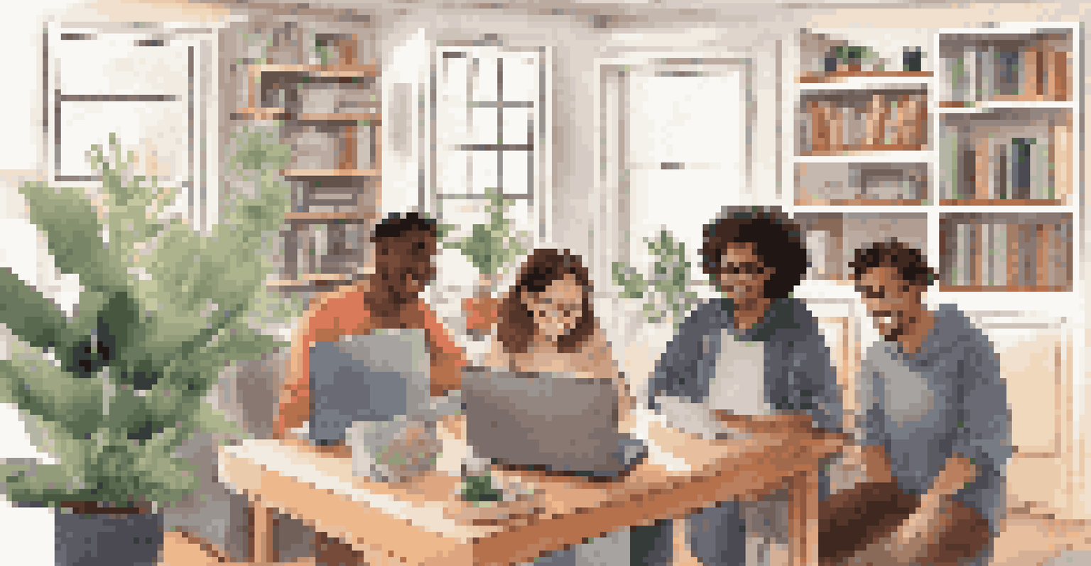 Students in a cozy home office collaborating through a video call on laptops, illustrating modern digital learning.
