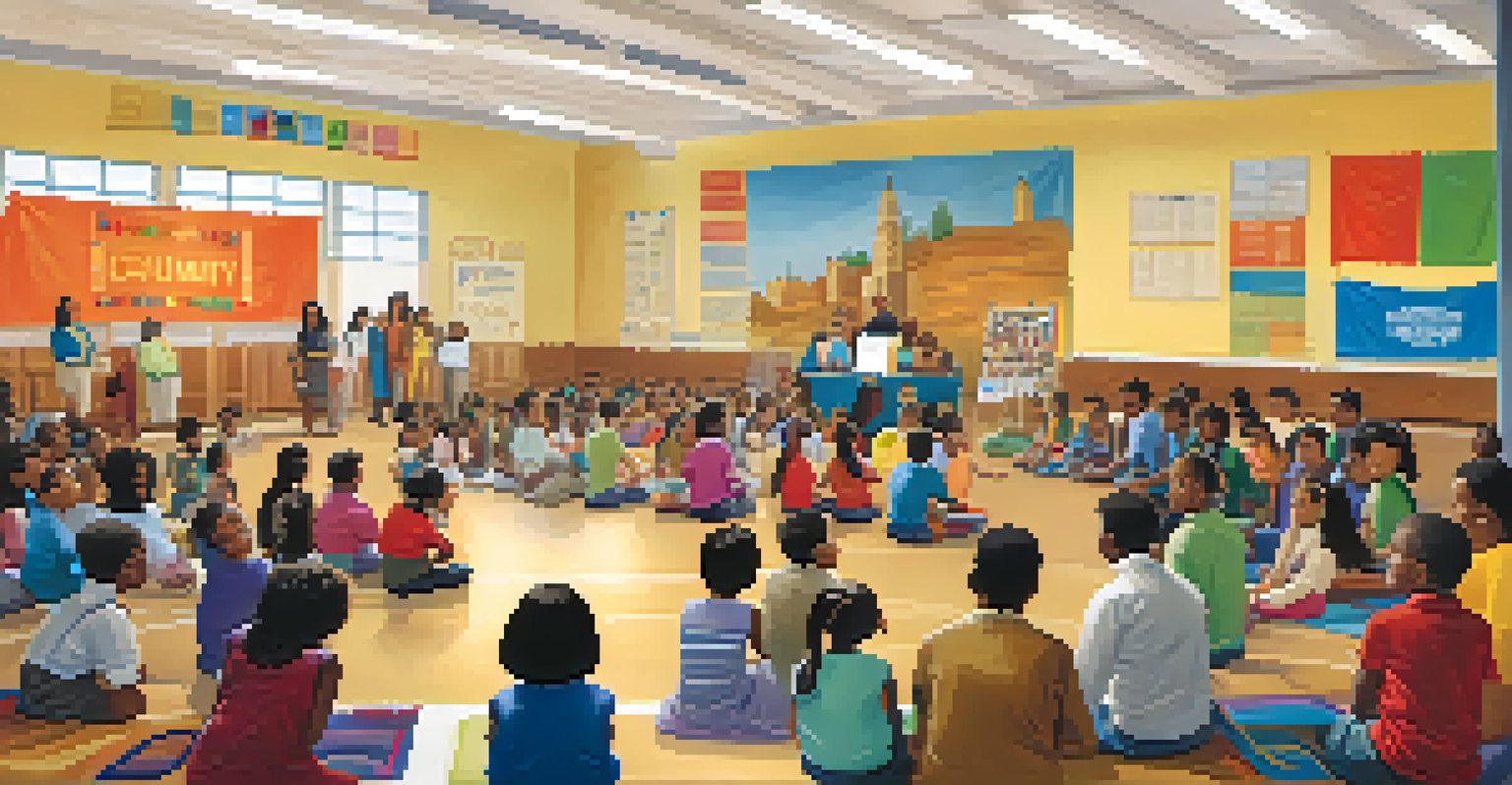 A lively community meeting in a school gymnasium with families and educators discussing cultural programs, surrounded by banners and tables with information.
