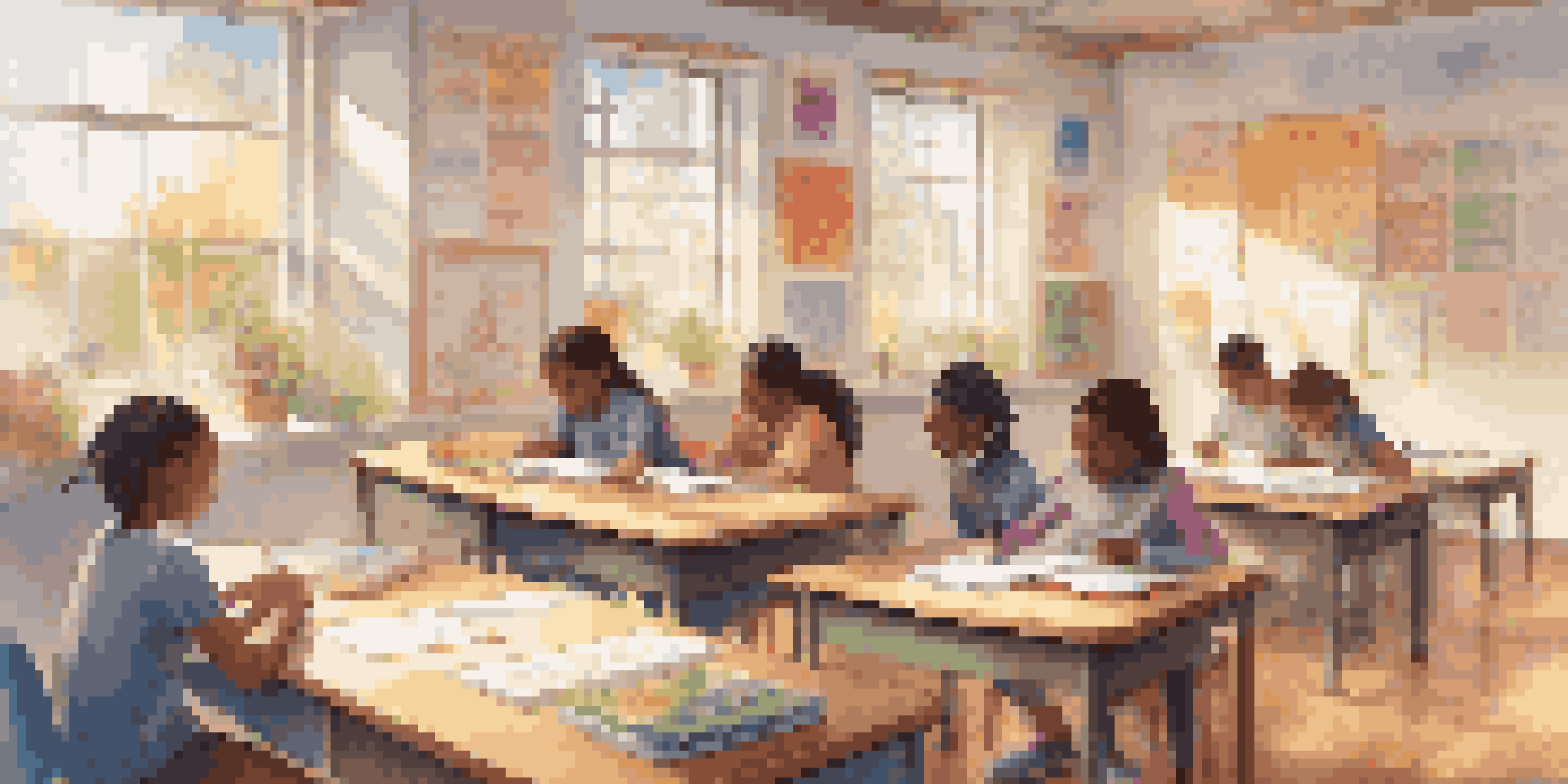 A bright classroom filled with diverse students practicing mindfulness and writing, illuminated by sunlight.