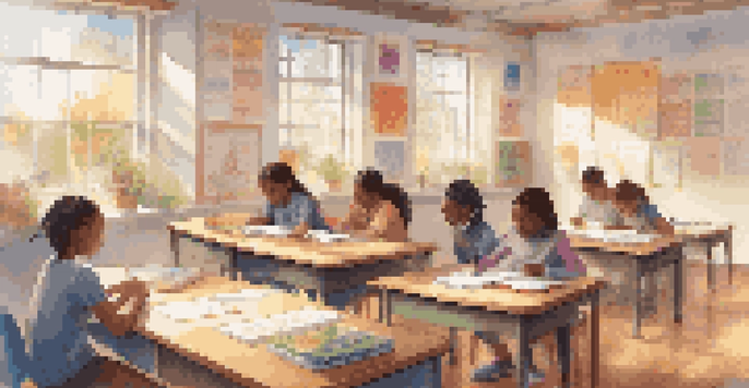 A bright classroom filled with diverse students practicing mindfulness and writing, illuminated by sunlight.