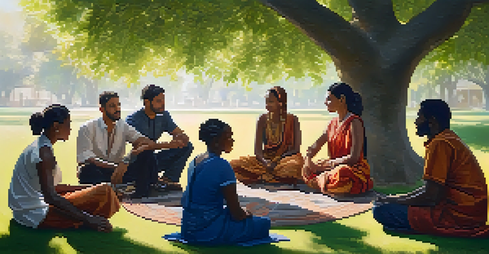 A diverse group of individuals in a park, engaging in a heartfelt conversation, showcasing empathy through their expressions and gestures.