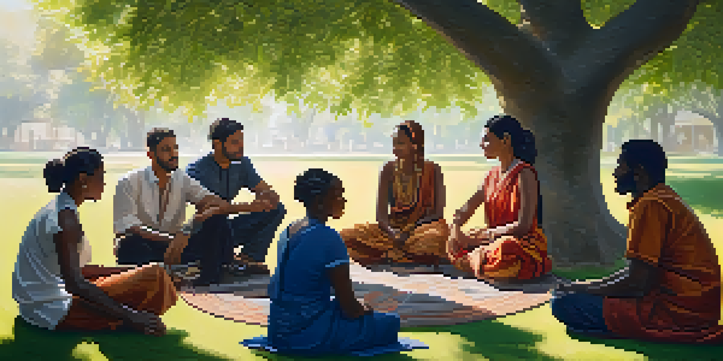 A diverse group of individuals in a park, engaging in a heartfelt conversation, showcasing empathy through their expressions and gestures.