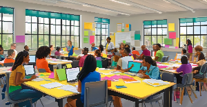 A diverse group of educators collaborating in a bright classroom, surrounded by educational materials and engaging in discussion.