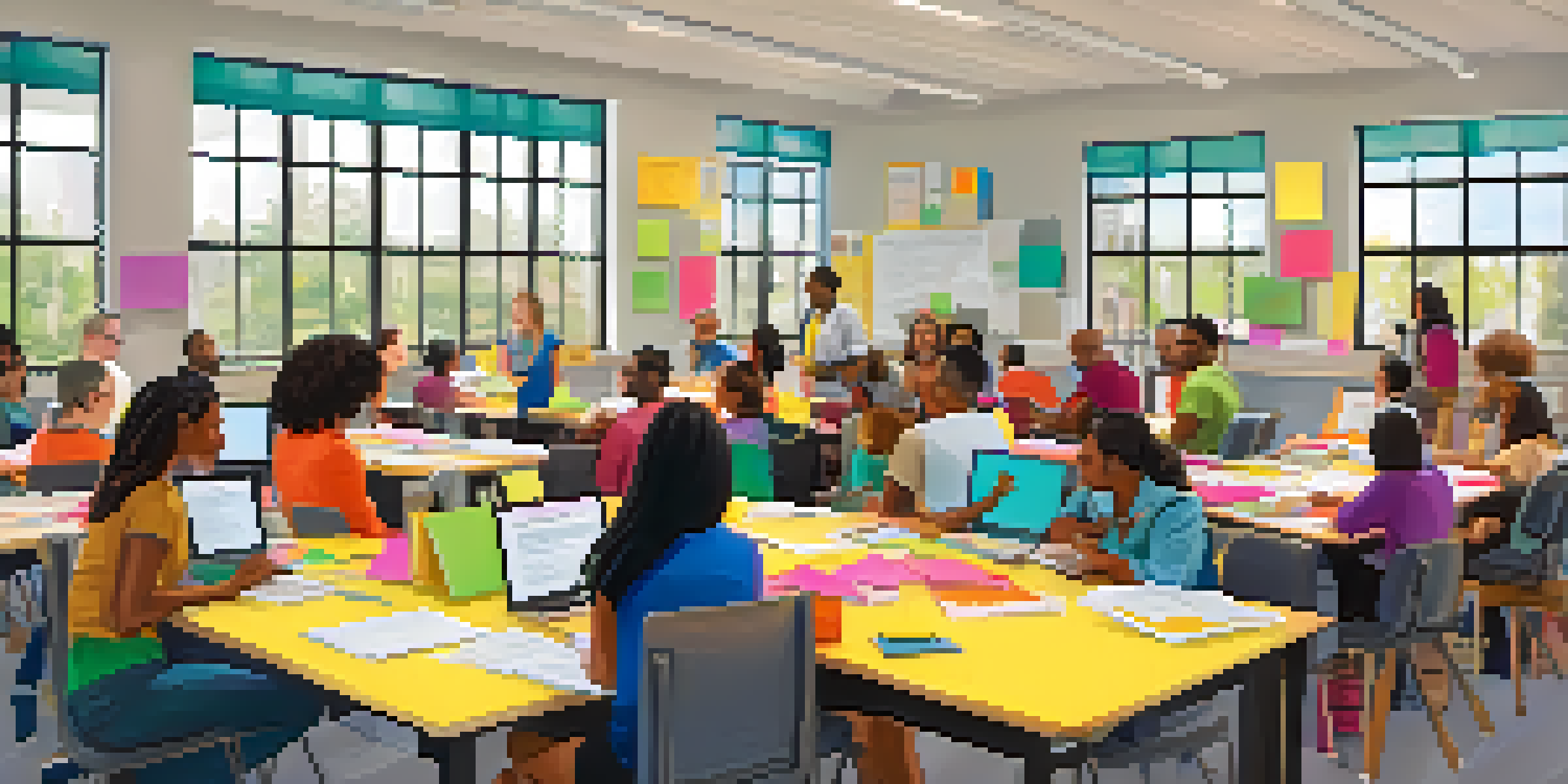 A diverse group of educators collaborating in a bright classroom, surrounded by educational materials and engaging in discussion.