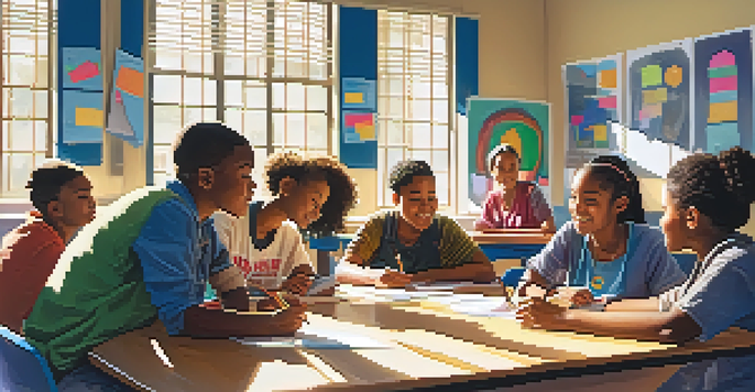A diverse group of students sitting around a circular table in a bright classroom, collaborating on a project with educational materials around them.
