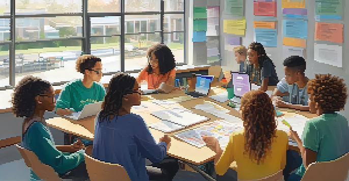 A diverse group of students working together around a table in a bright classroom, discussing a project with laptops and notes.
