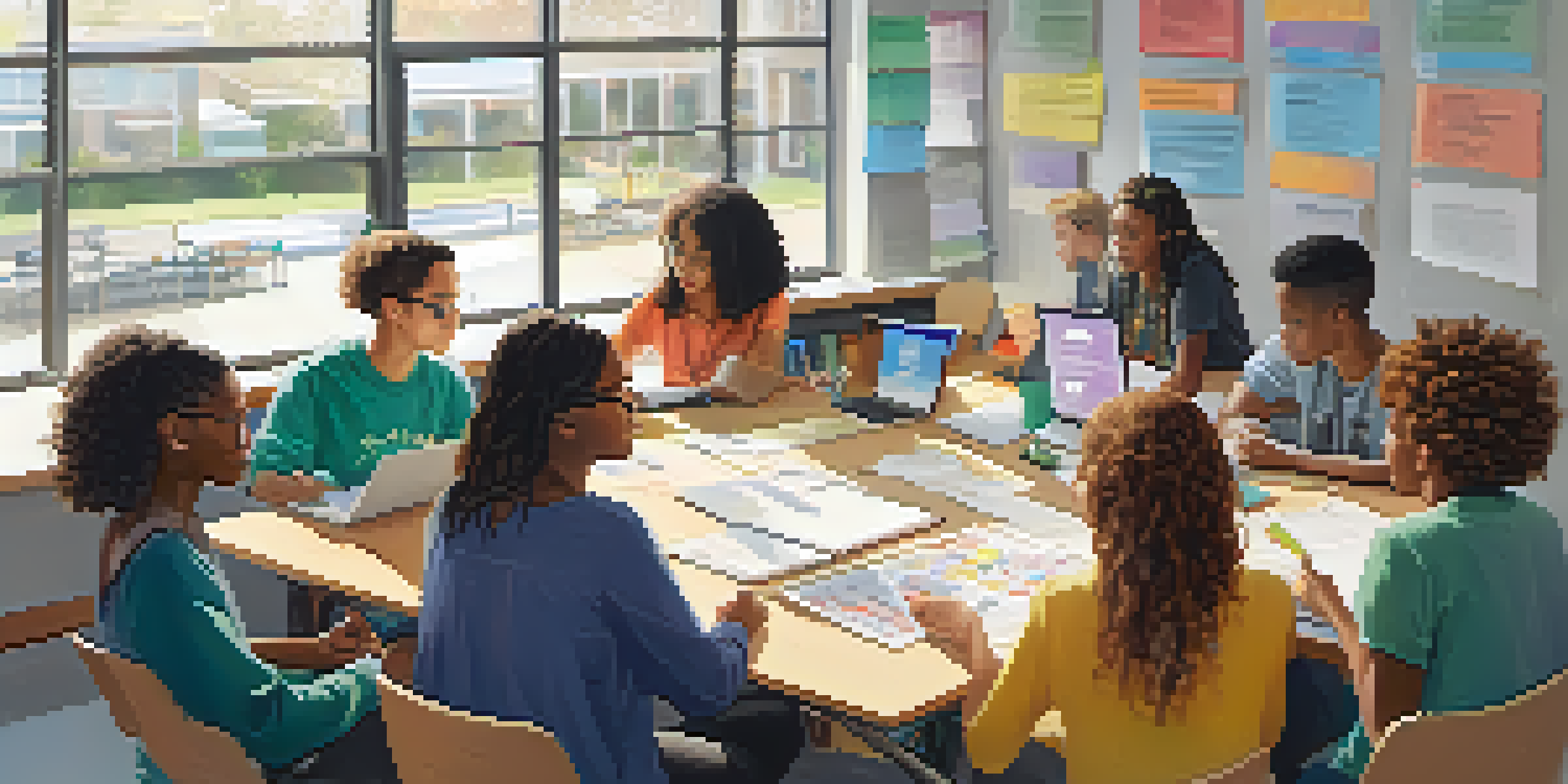 A diverse group of students working together around a table in a bright classroom, discussing a project with laptops and notes.