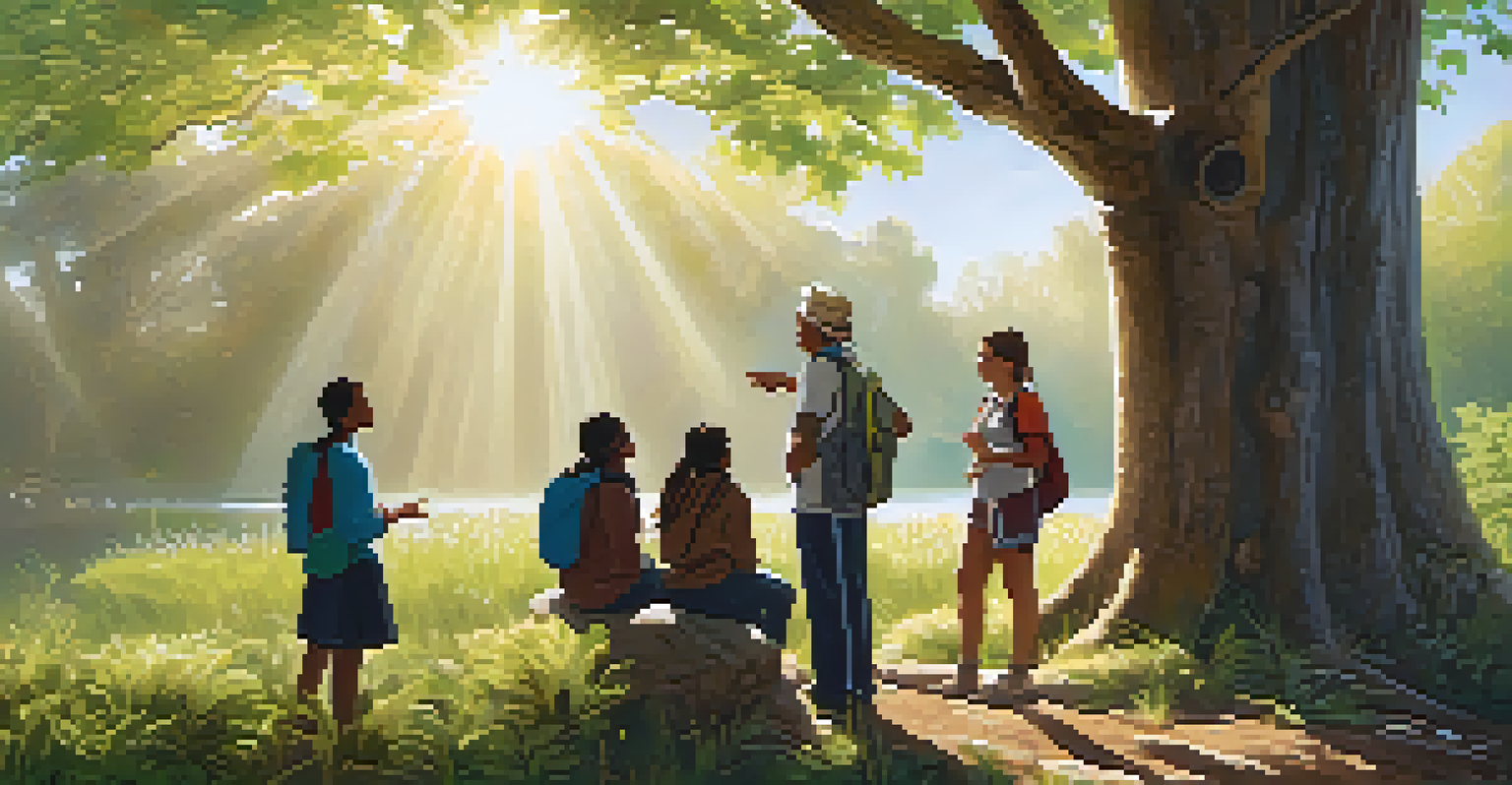 Students on a field trip exploring nature with an Indigenous elder, who points to a tree while sharing its significance. Sunlight filters through the leaves.