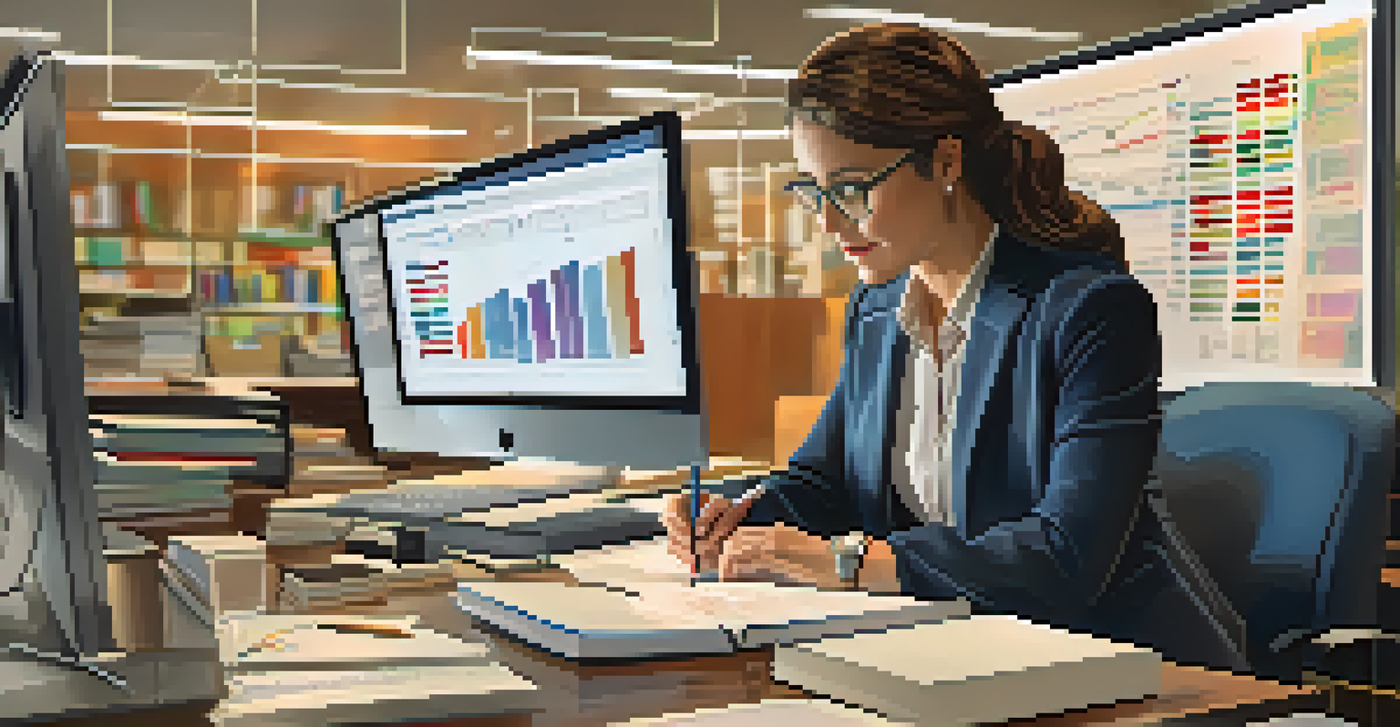 An educator analyzing performance data on a computer in a modern office, with charts and graphs displayed on the screen.