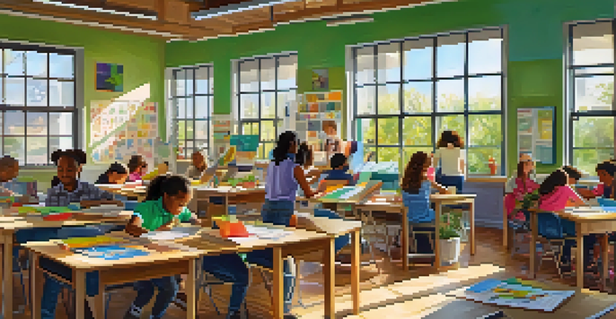 A diverse group of students actively participating in a hands-on learning activity in a colorful classroom.