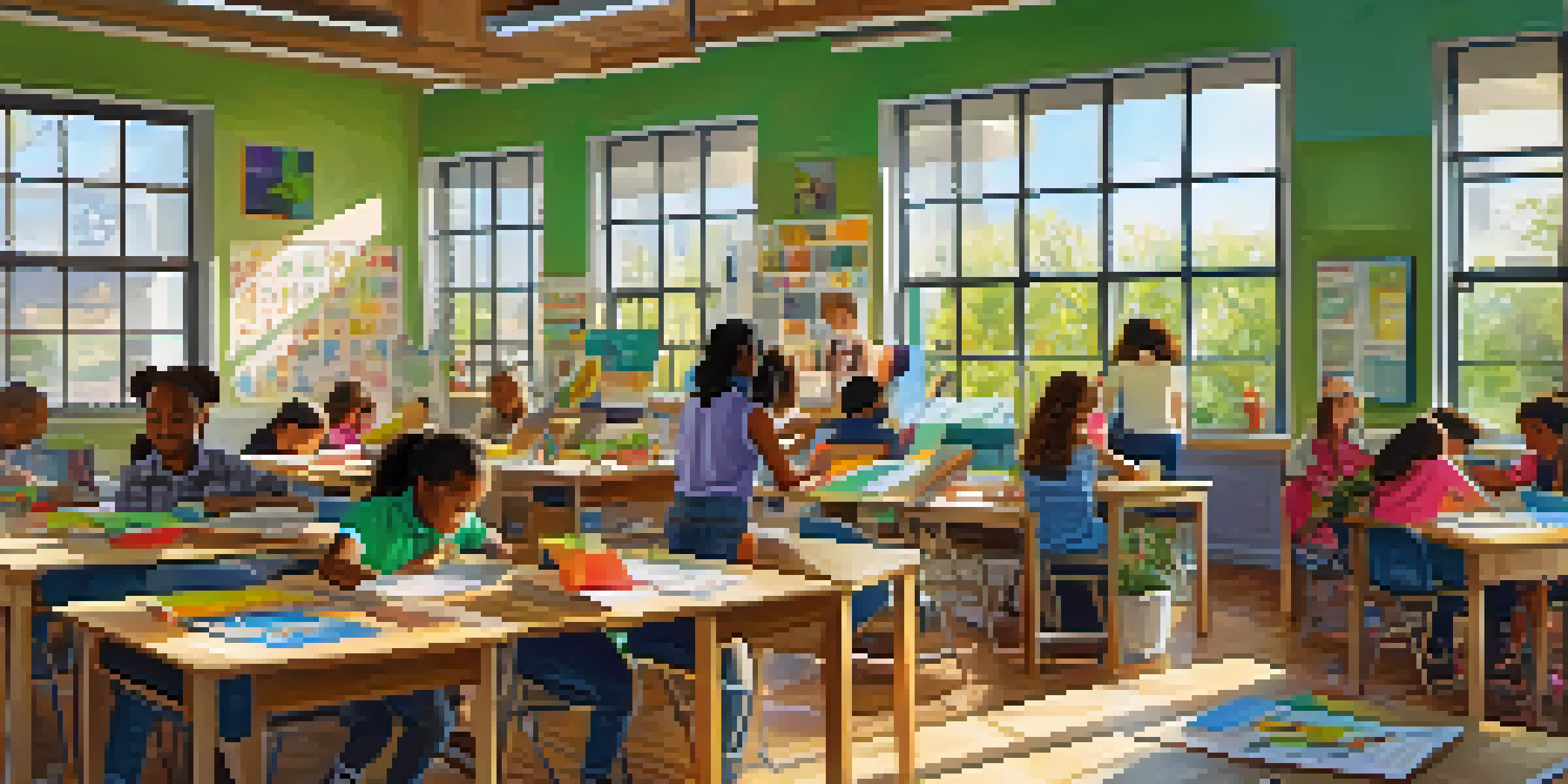 A diverse group of students actively participating in a hands-on learning activity in a colorful classroom.