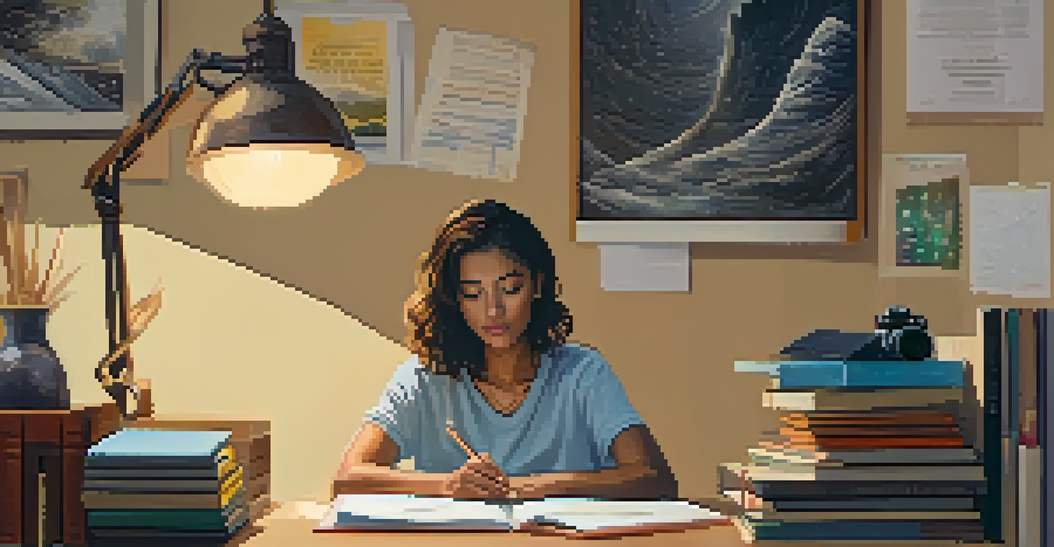 A cozy study space with a focused student at a desk, surrounded by books and mental health awareness posters.